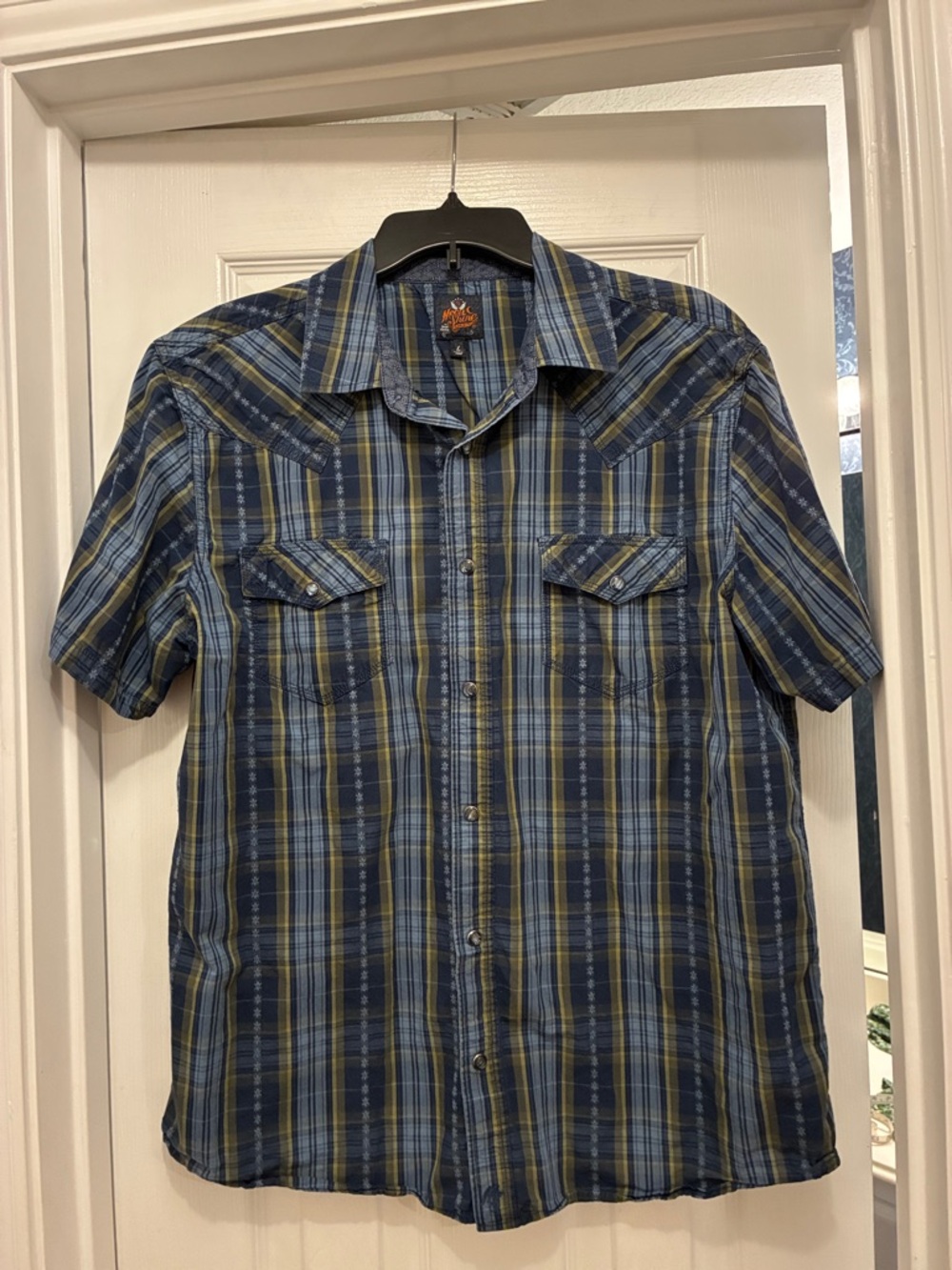 Men's Moon Shine Spirit Blue Plaid Short Sleeve Pearl Snap Shirt